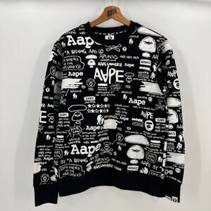 AAPE by A Bathing Ape BAPE All Over Print Logo Crewneck Sweater in Black M